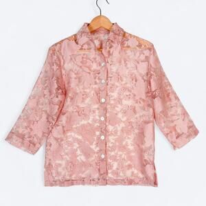 Pale Pink Sheer Floral Mother of Pearl‎ Shell Button Blouse Women's M 3/4 Sleeve